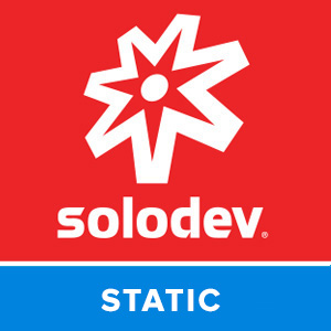 Image of Solodev logo - a white star against a red square with the "solodev" text below. Under the square, a blue bar with the text "STATIC."