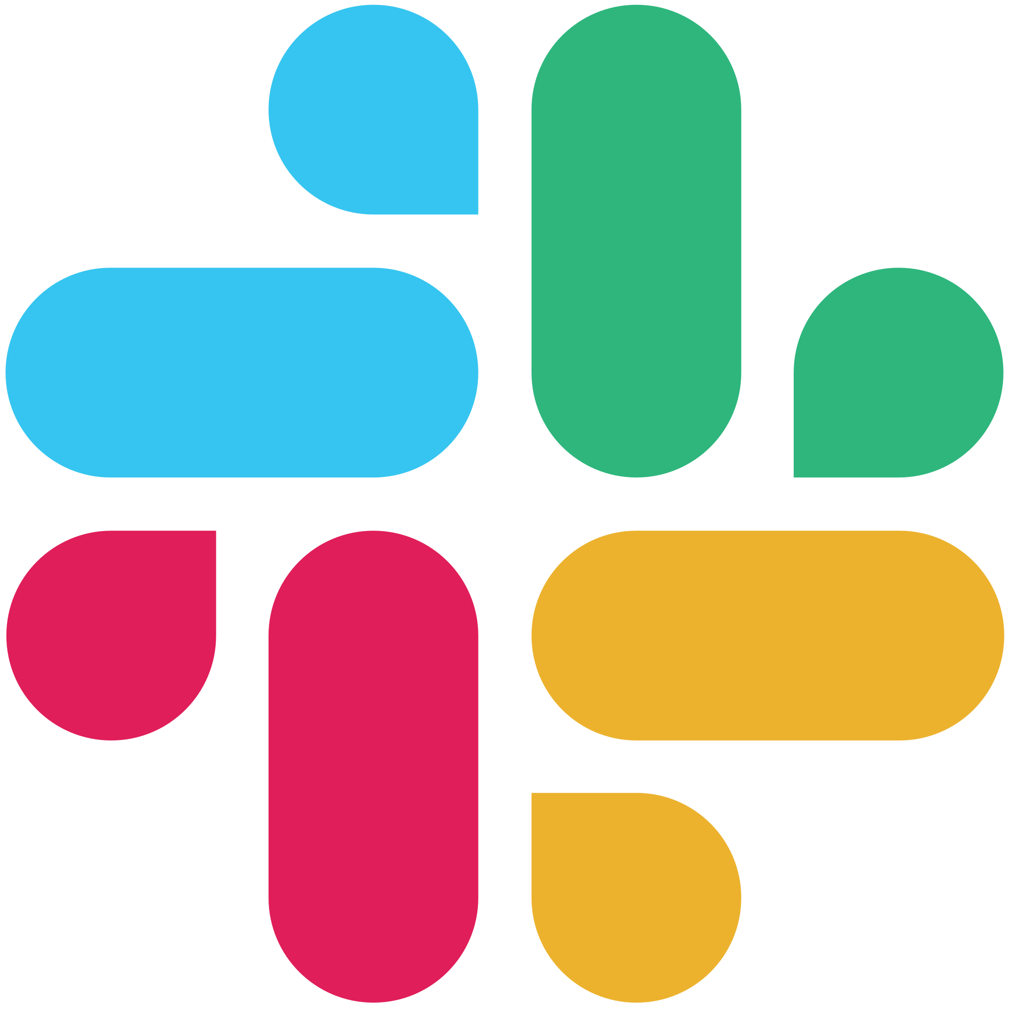Slack icon - a four-quadrant vector graphic that resembles a plus sign. Each of the four quadrants contains two elements that feature soft, curvilinear features. Each quadrant is tagged in a different color: red, blue, green, and yellow. Logo