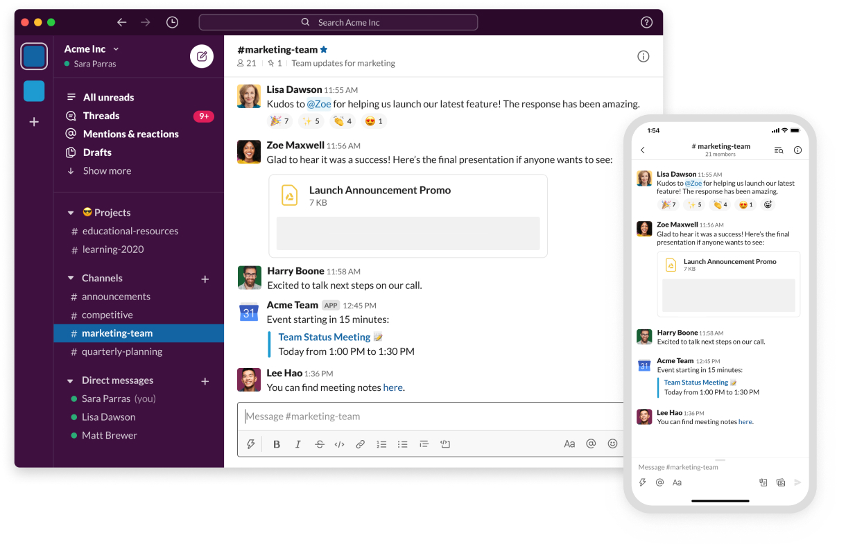 Slack user interface, featuring a desktop view and a mobile phone view.