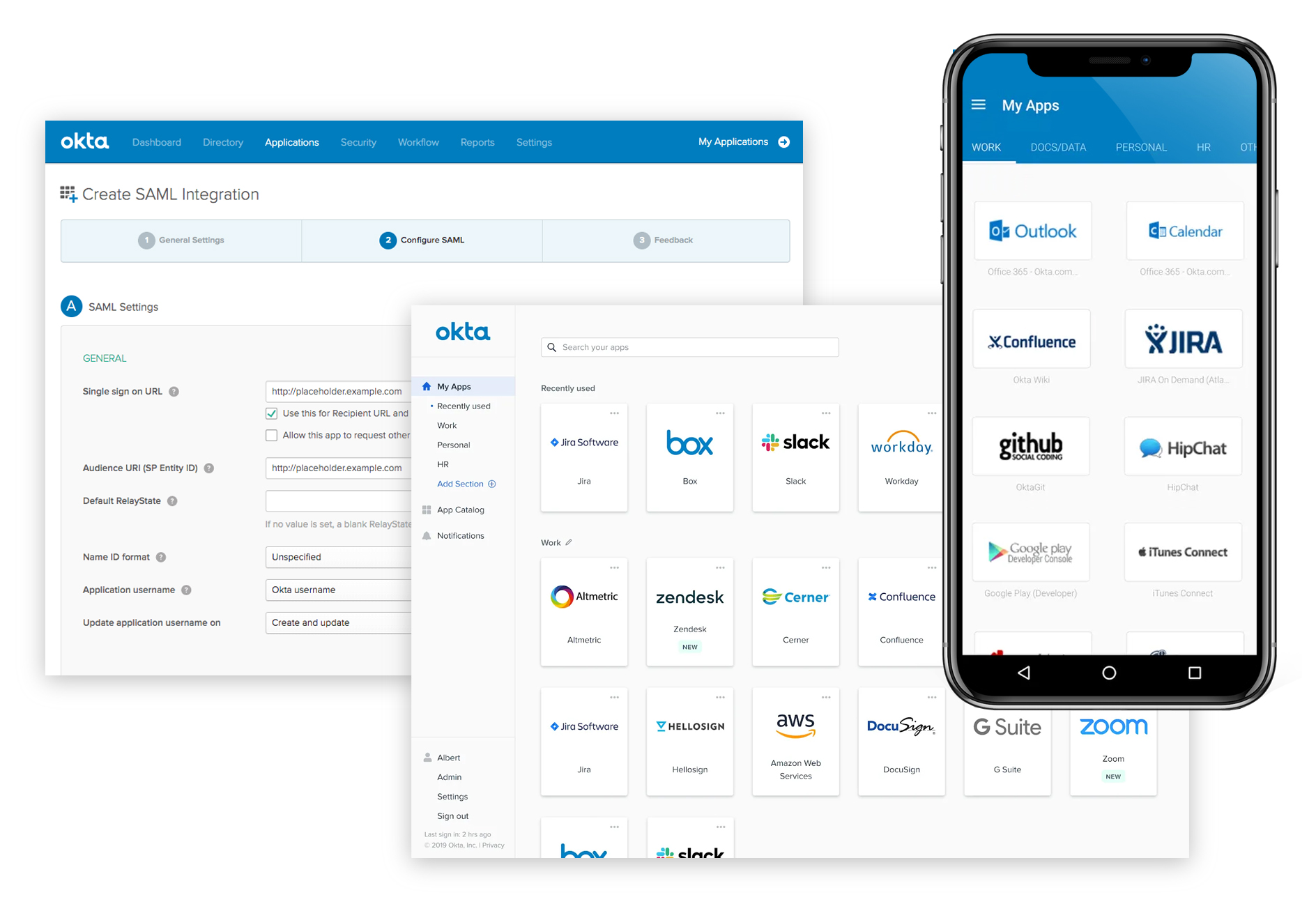 Okta featured image - a collection of screenshots showing the login capabilities with multiple app brands, as well as an inset of a mobile device with the mobile login screen