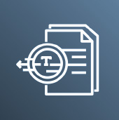 Image of Amazon Textract logo icon - a gray square with a polymorphic blend in the background. In the foreground, a graphical line art depiction of a document with a circle overlaying it and a small "T" in the center.