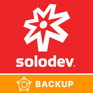 Image of Solodev Backup logo - a red box with the Solodev white star icon in the center, with an orange bar below and the text "BACKUP" in white next to an icon of the AWS Backup service.