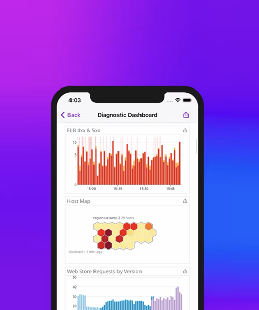 Mobile app interface displaying features for Datadog diagnostics