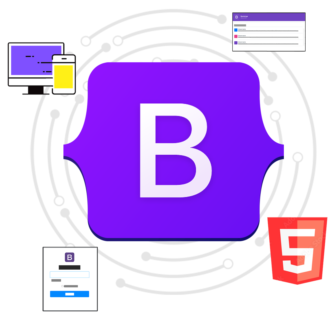 Composite of Bootstrap logo in the middle surrounded by HTML5, login screen, list, and computer icons