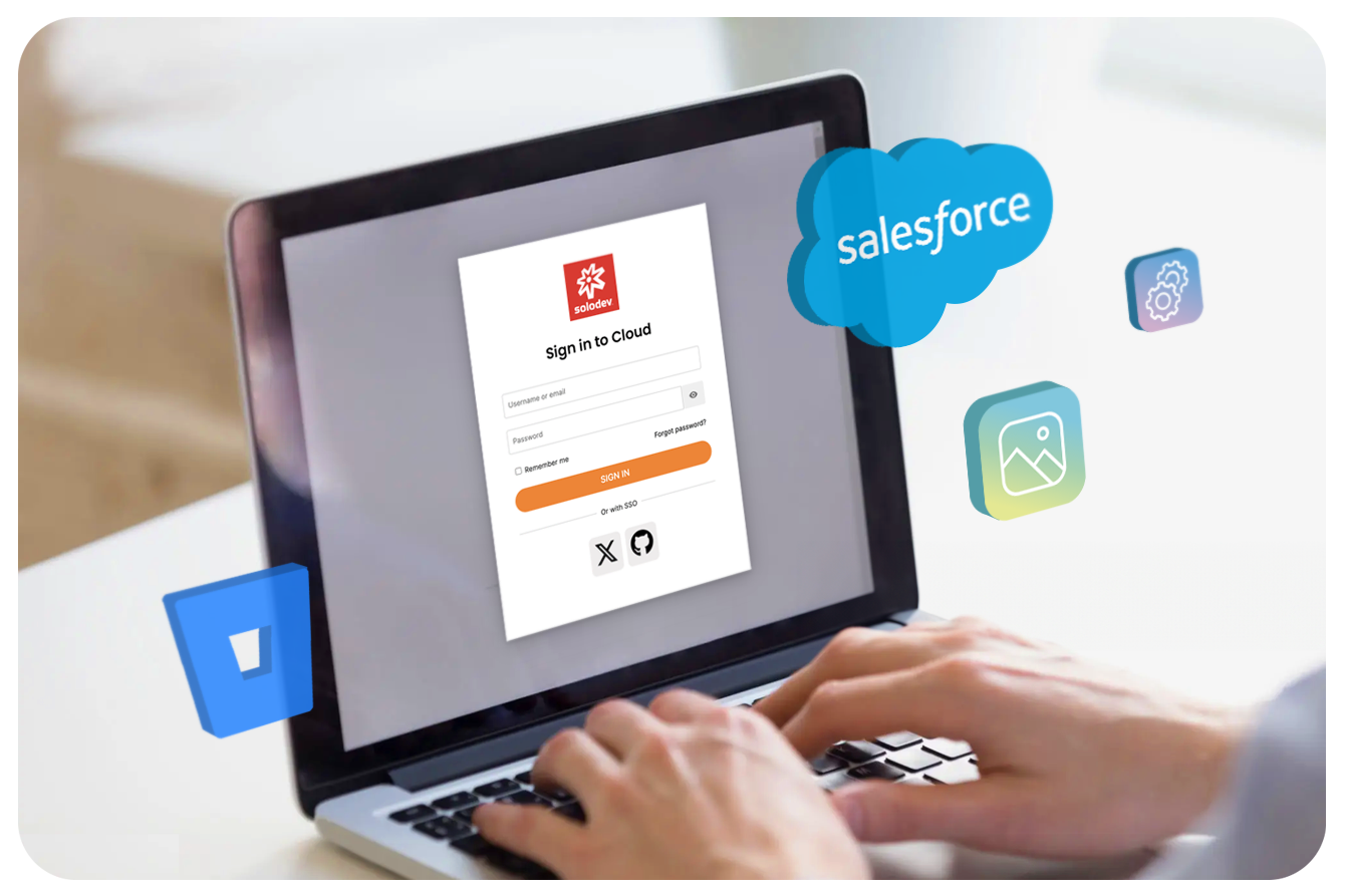 Hands typing on laptop with Solodev Cloud login page with separate pictures of Salesforce and Bitbucket logos, next to icons of a gear and an image