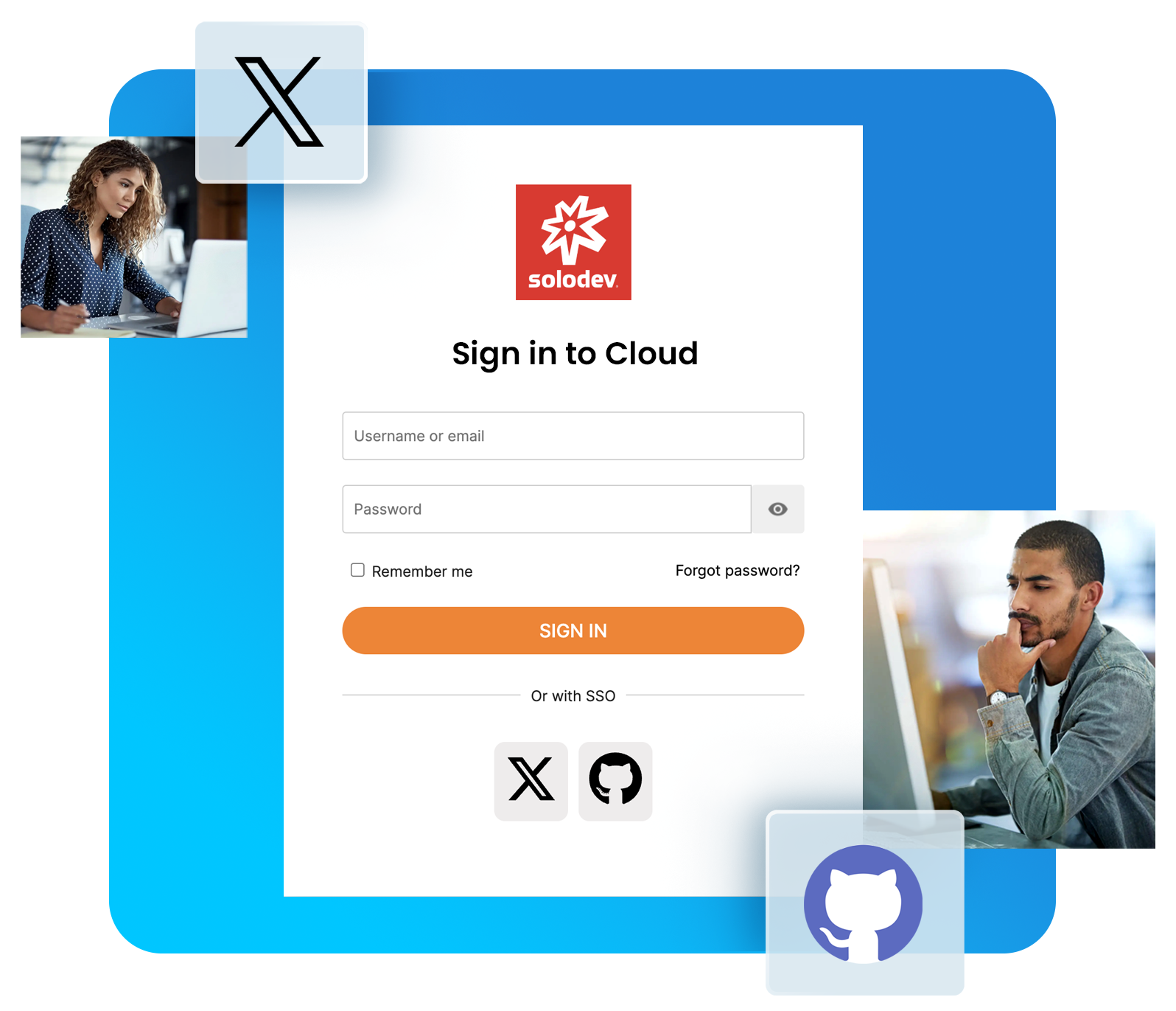 Composite of Solodev Cloud login page with separate pictures of a woman and a man looking at their computers, and Github and X's logos