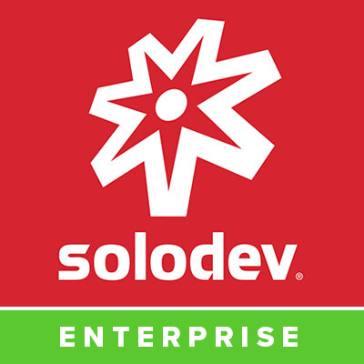 Image of Solodev logo - a white star against a red square with the "solodev" text below. Under the square, a green bar with the text "CMS ENTERPRISE." Logo