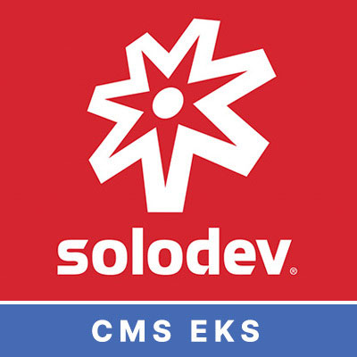 Image of Solodev CMS Cloud logo icon in the red square format with a blue modifier that reads "Cloud.".